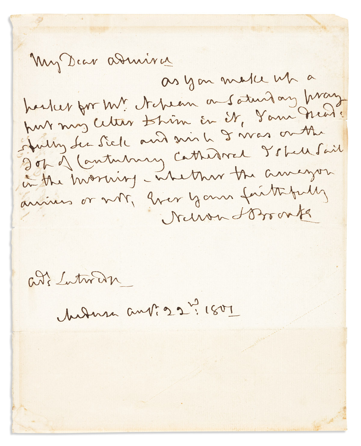 NELSON, HORATIO. Autograph Letter Signed, Nelson & Bronte, to Admiral Skeffington Lutwidge (My Dear Admiral),